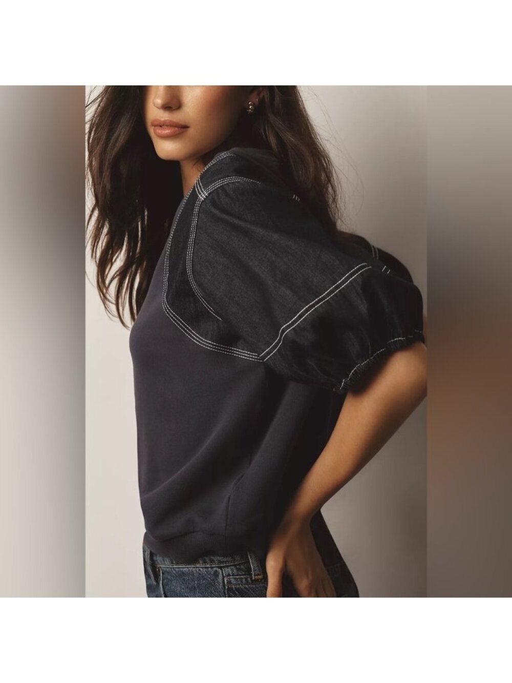 NWT Size S - Anthropologie Pilcro Denim-Sleeve Twofer Sweatshirt (100% Cotton) - Picture 3 of 16
